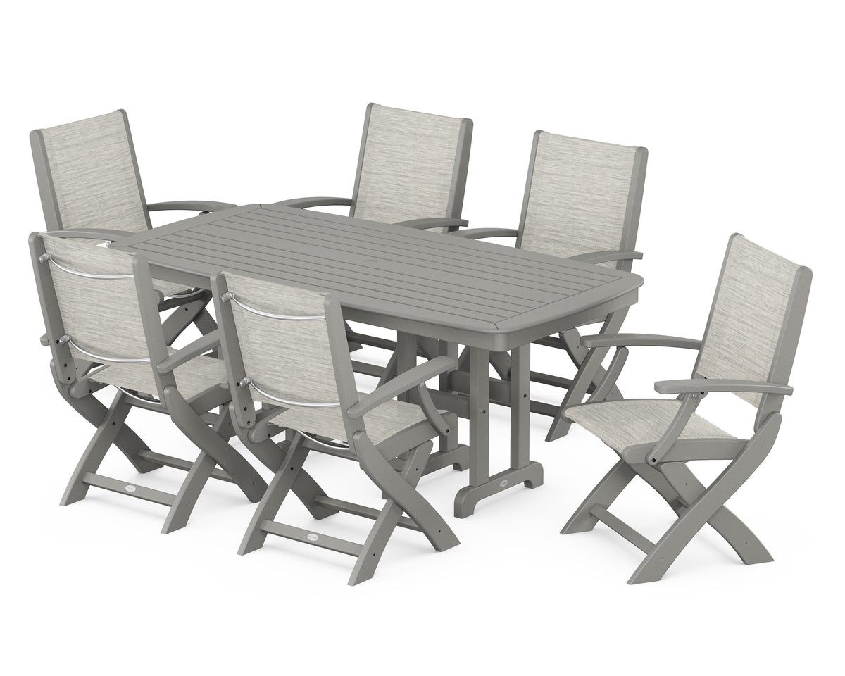 POLYWOOD Coastal Folding Arm Chair 7-Piece Dining Set in Slate Grey / Birch