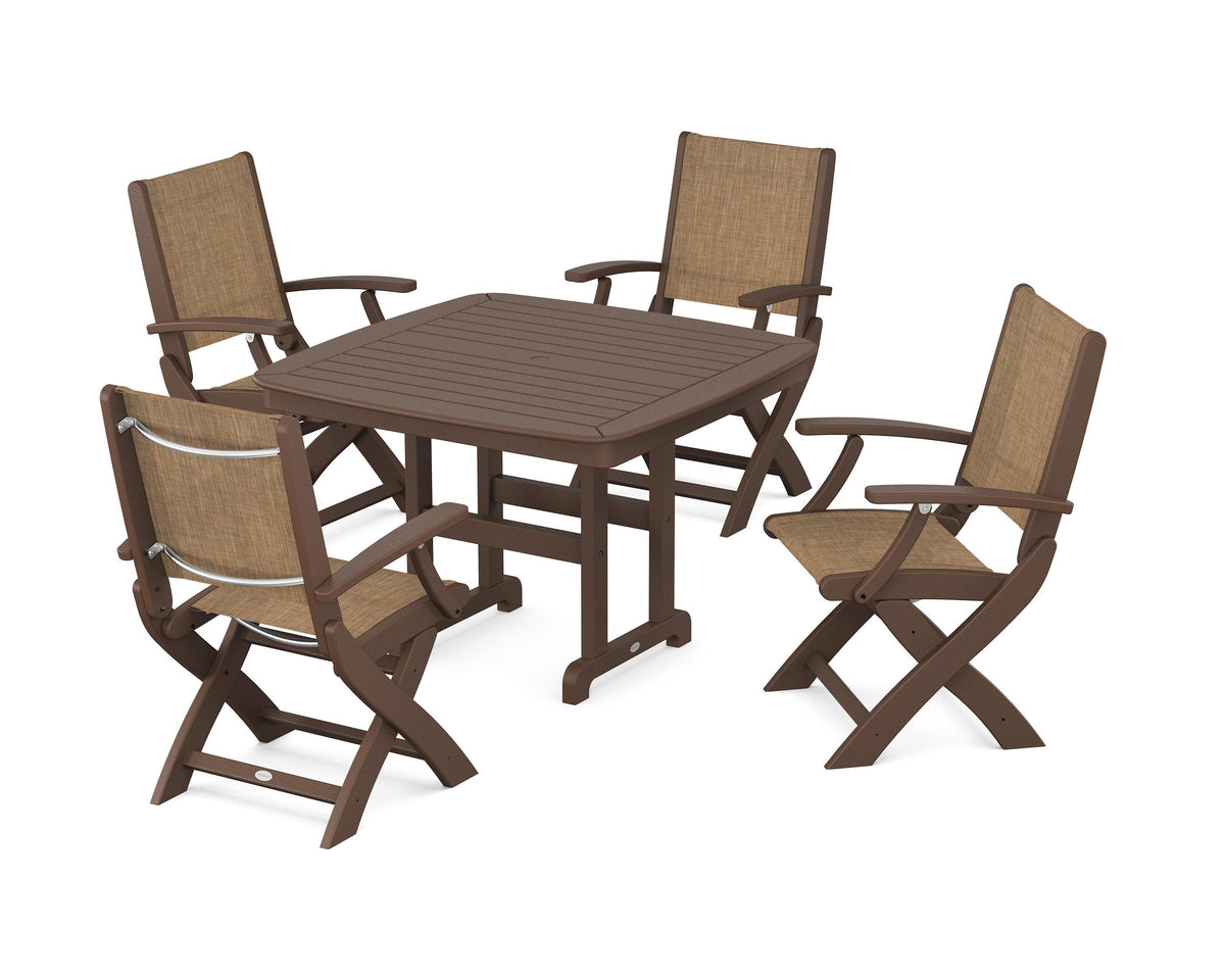 POLYWOOD Coastal Folding Chair 5-Piece Dining Set with Nautical 44" Dining Table in Mahogany / Burlap