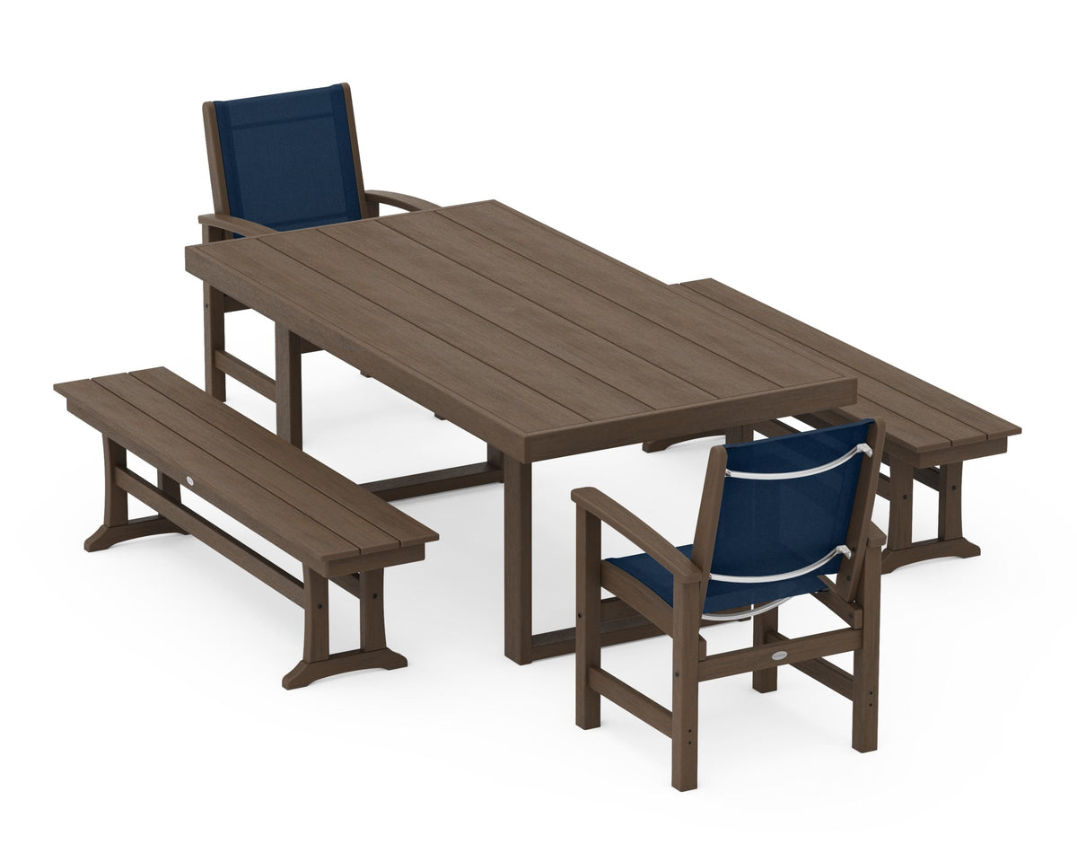 POLYWOOD Coastal 5-Piece Dining Set with Trestle Legs with EDGE 40" x 78" Dining Table in Kona / Navy Blue