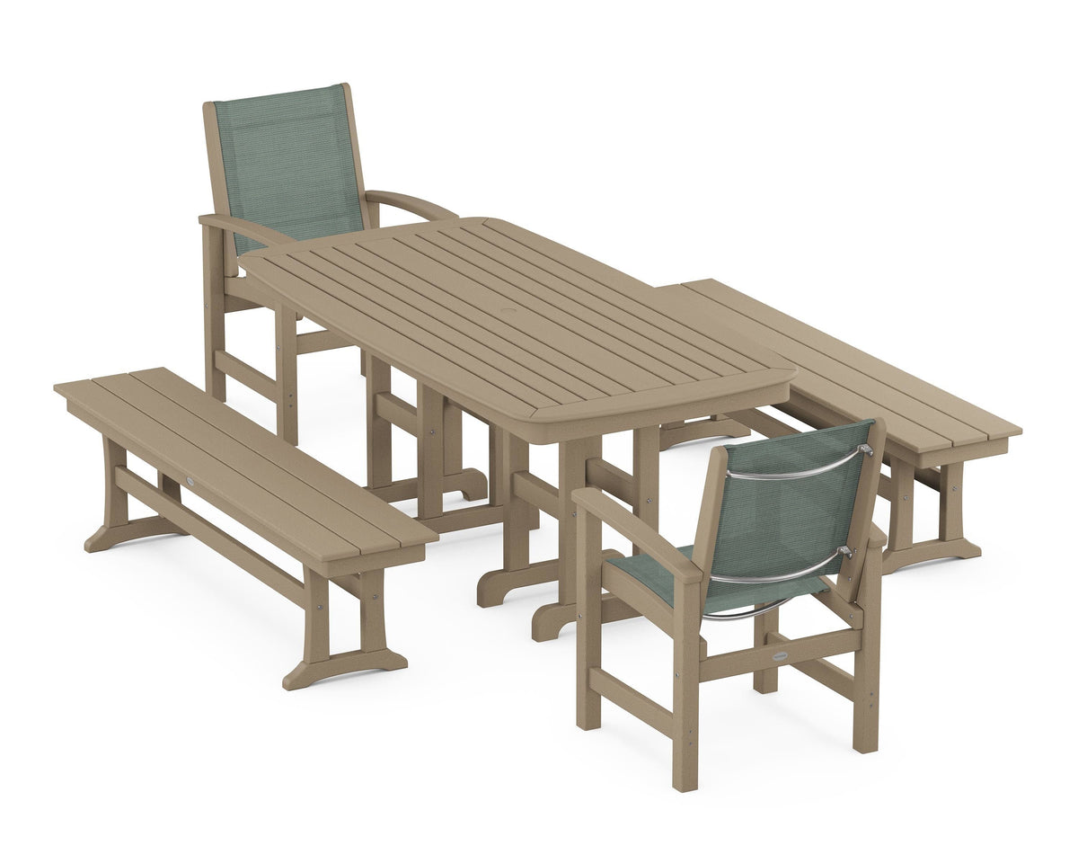 POLYWOOD Coastal 5-Piece Dining Set with Nautical 37" x 72" Dining Table in Vintage Sahara / Dupioni Sea Mist
