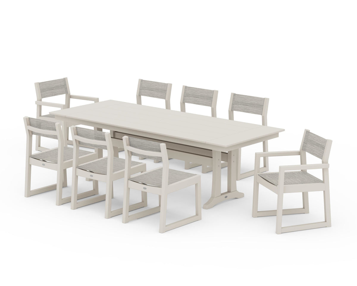 POLYWOOD EDGE Sling 9-Piece Farmhouse Trestle Dining Set in Sand / Birch