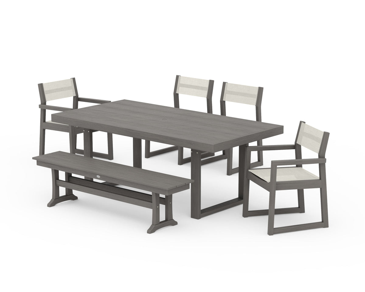 POLYWOOD EDGE Sling 6-Piece Dining Set with Bench in Driftwood / Parchment