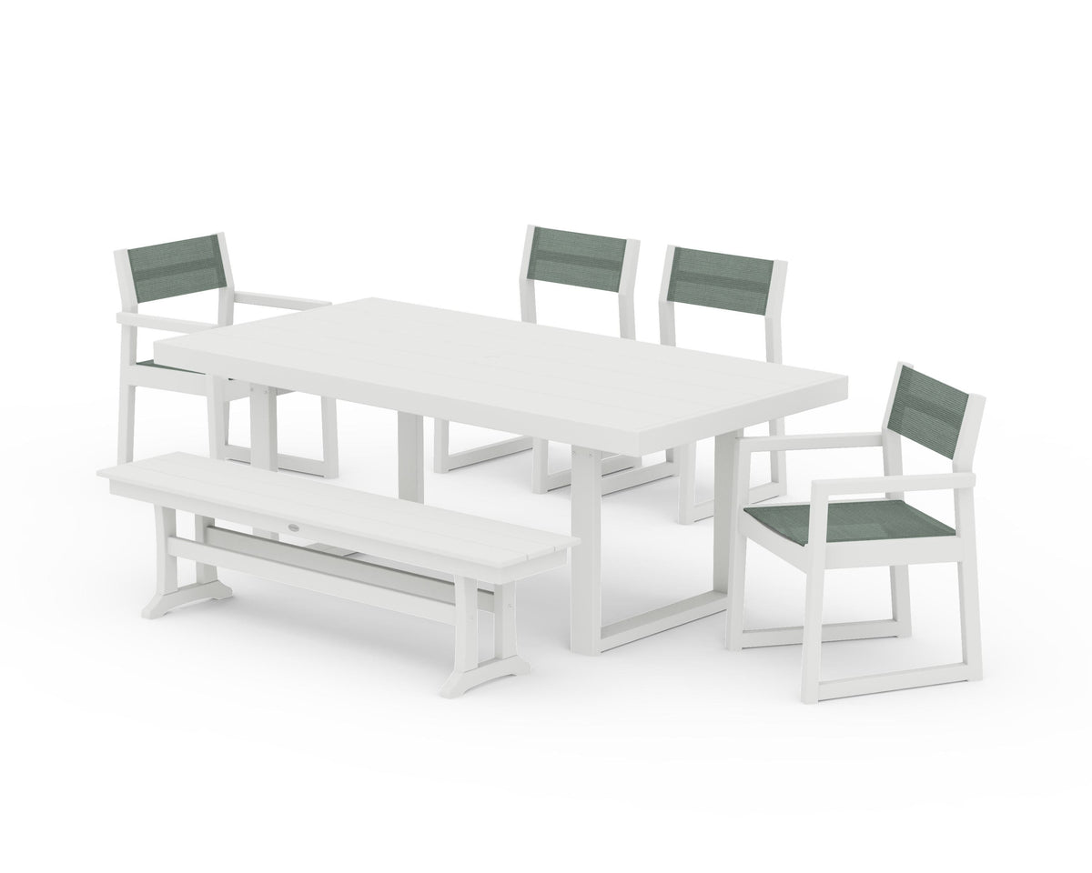 POLYWOOD EDGE Sling 6-Piece Dining Set with Bench in Vintage White / Dupioni Sea Mist