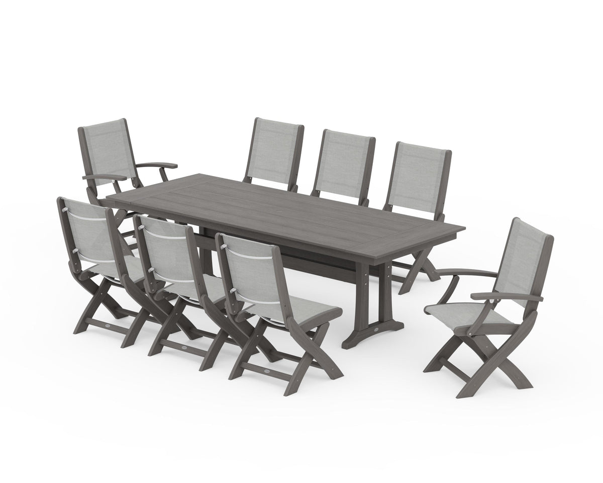 POLYWOOD Coastal 9-Piece Folding Dining Chair Farmhouse Dining Set with Trestle Legs in Driftwood / Metallic
