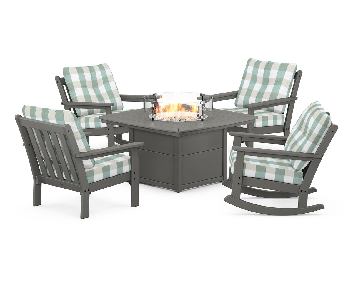 POLYWOOD Vineyard 5-Piece Deep Seating Rocking Chair Conversation Set with Fire Pit Table in Slate Grey / Buffalo Plaid Glacier Spa