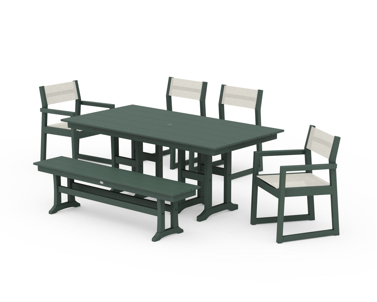 POLYWOOD EDGE Sling 6-Piece Farmhouse Dining Set in Green / Parchment