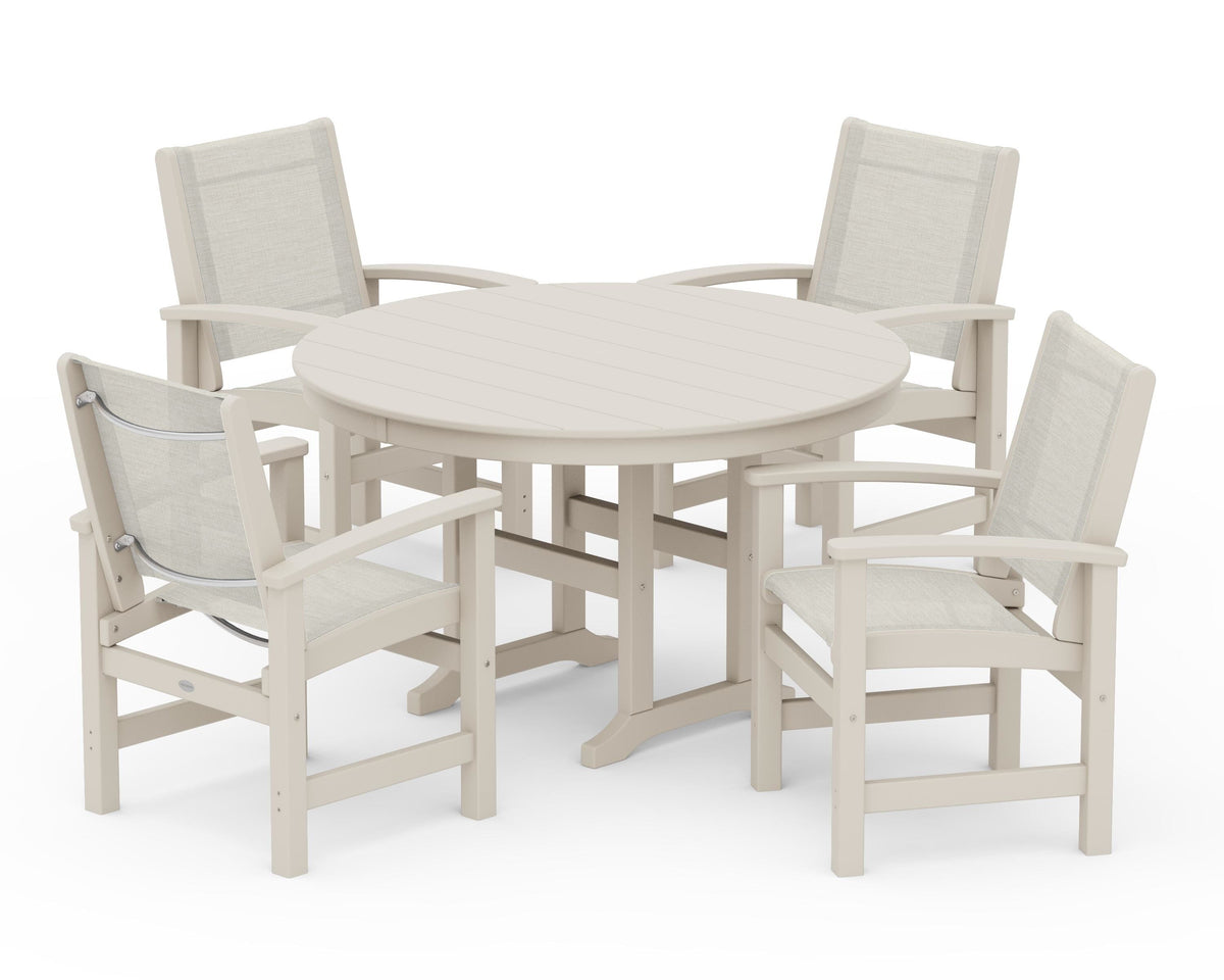 POLYWOOD Coastal 5-Piece Round Farmhouse Dining Set in Sand / Parchment