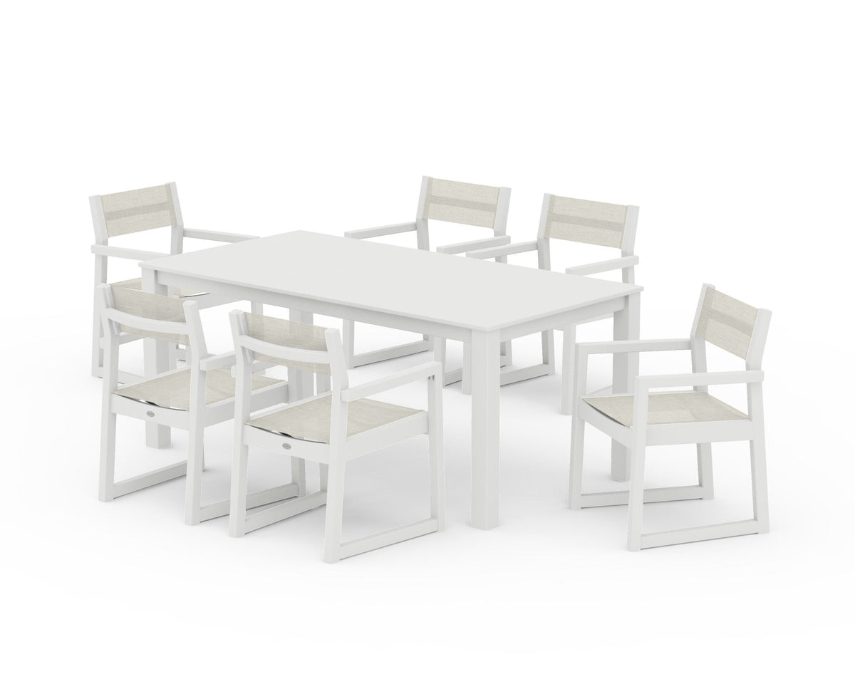 POLYWOOD EDGE Sling Arm Chair 7-Piece Parsons Dining Set in Vintage White / Parchment