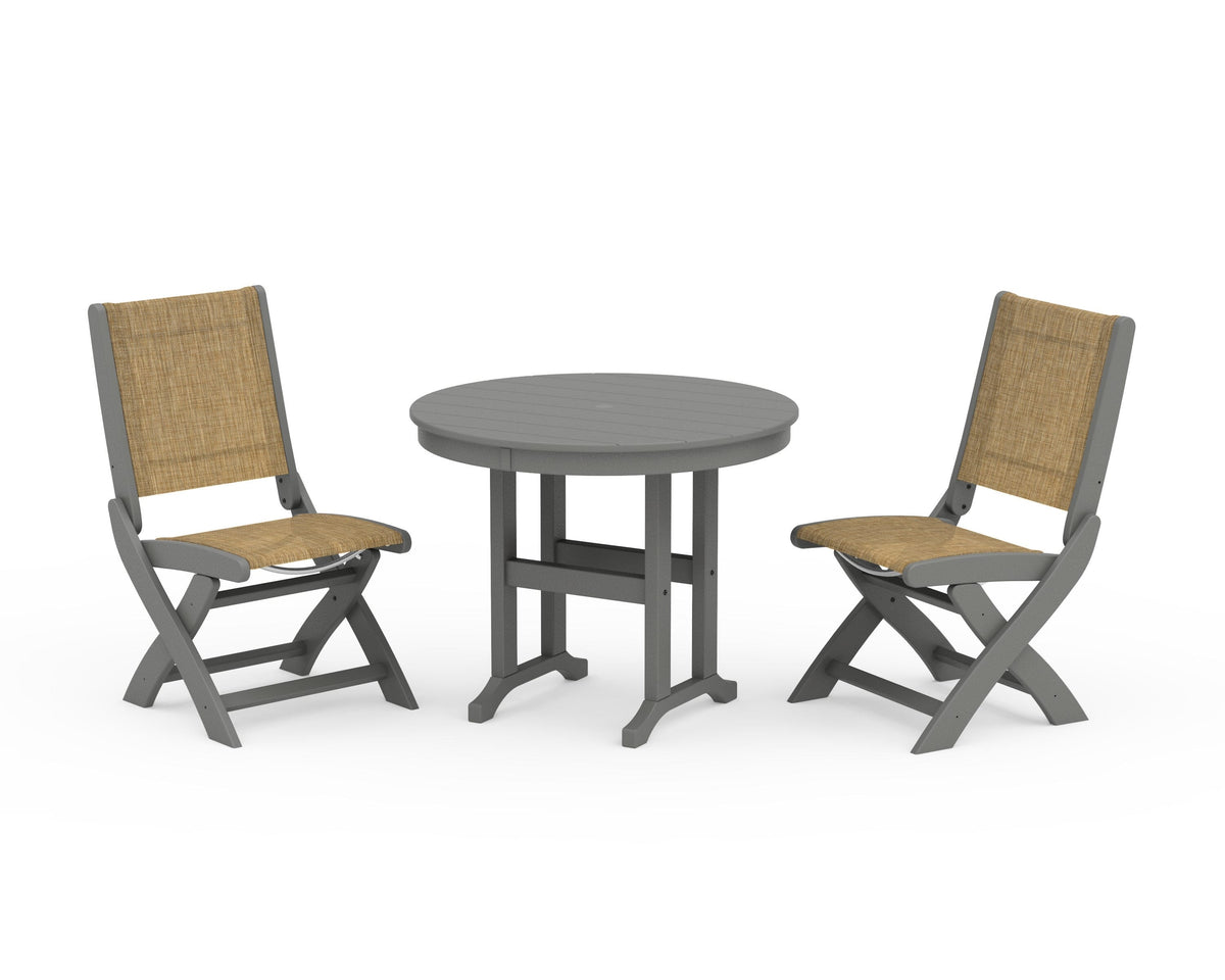 POLYWOOD Coastal Folding Side Chair 3-Piece Round Dining Set in Slate Grey / Burlap