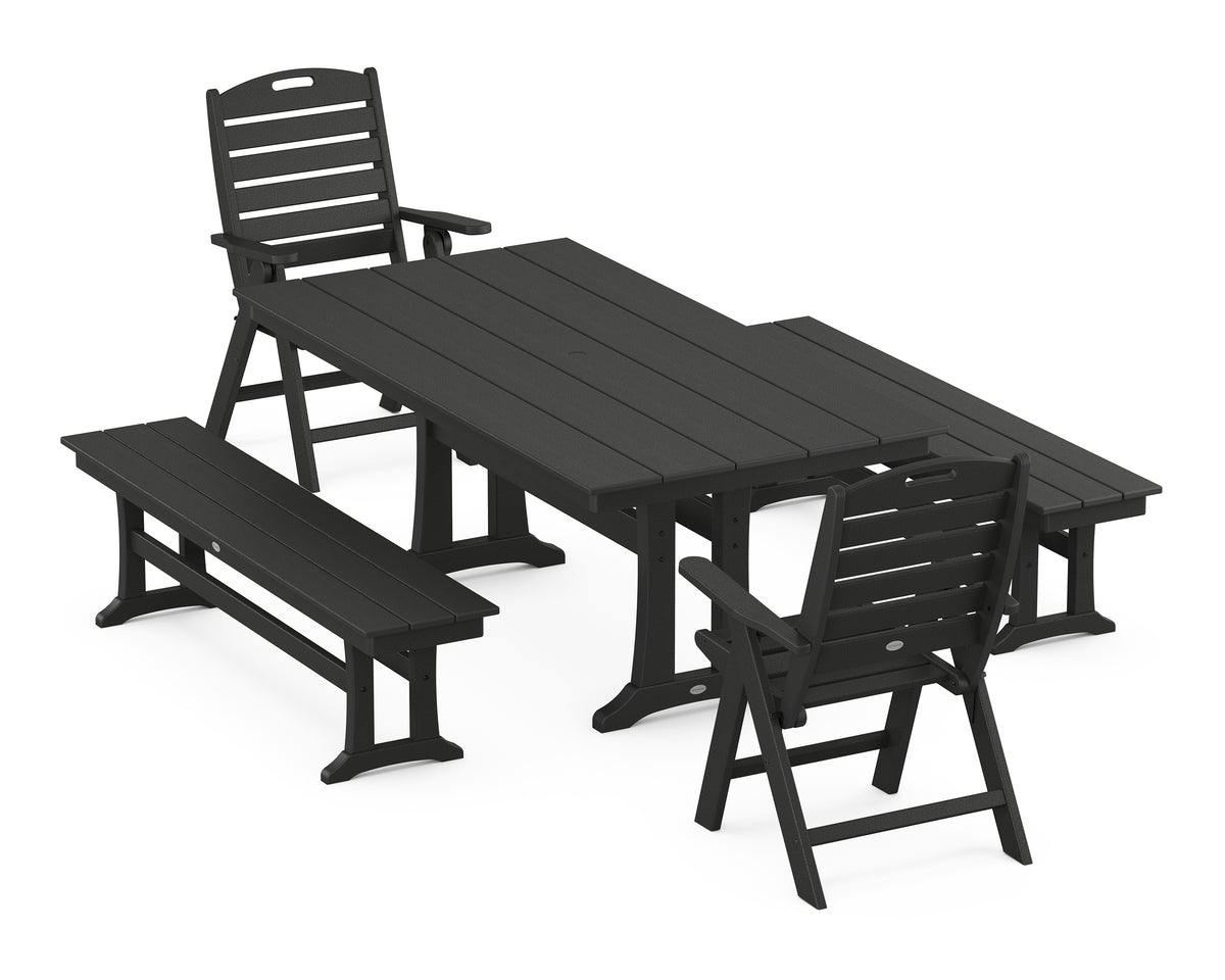POLYWOOD Nautical Folding Highback Chair 5-Piece Farmhouse Dining Set with Trestle Legs and Benches in Black