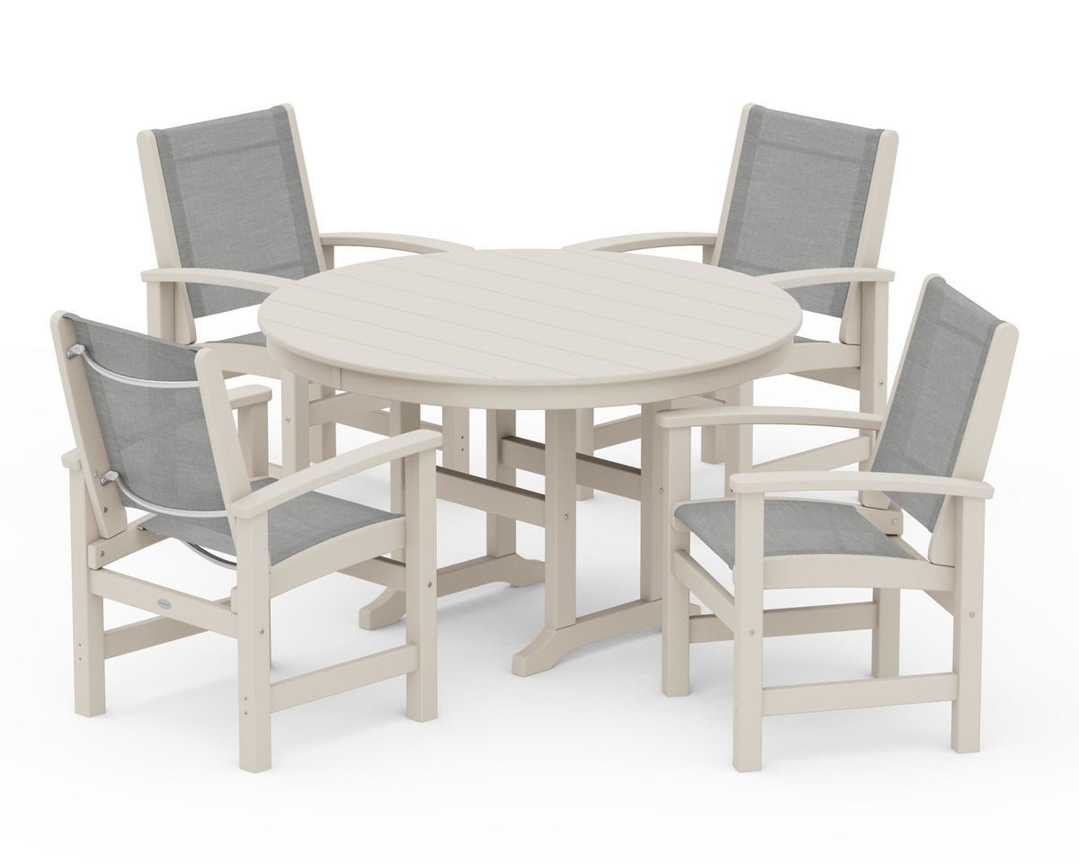 POLYWOOD Coastal 5-Piece Round Farmhouse Dining Set in Sand / Metallic