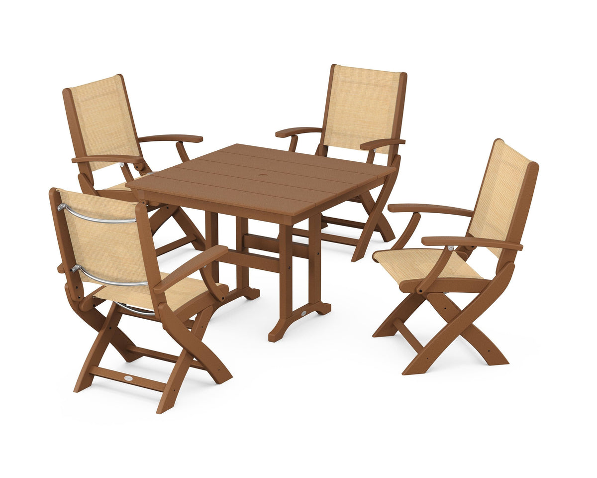 POLYWOOD Coastal Folding Chair 5-Piece Farmhouse Dining Set in Teak / Dupioni Apricot