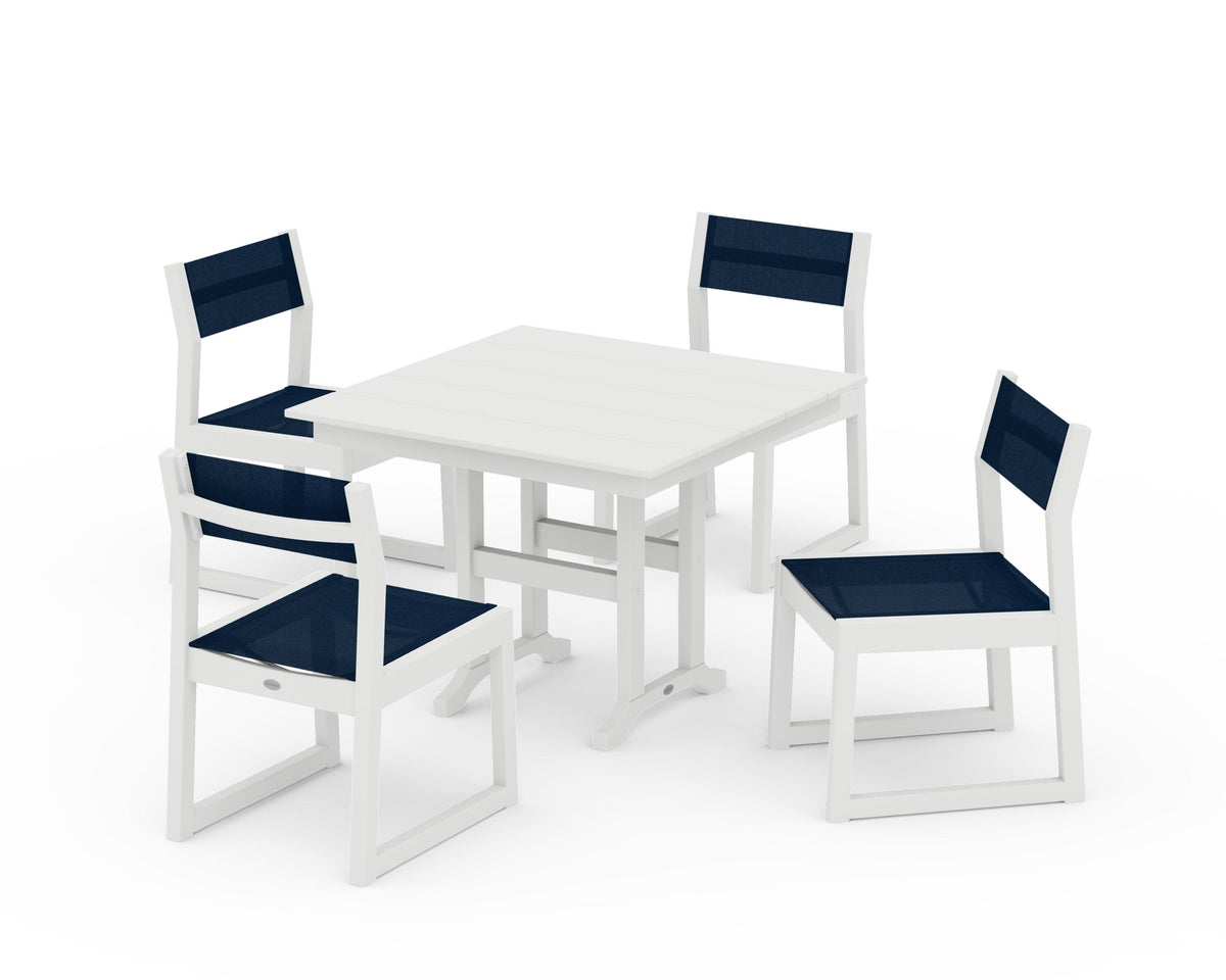 POLYWOOD EDGE Sling Side Chair 5-Piece Farmhouse Dining Set in Vintage White / Navy Blue