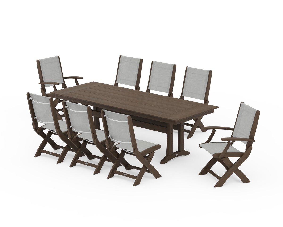 POLYWOOD Coastal 9-Piece Folding Dining Chair Farmhouse Dining Set with Trestle Legs in Kona / Metallic