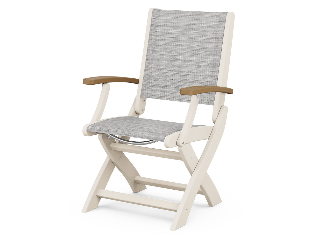 POLYWOOD Coastal Folding Chair in Sand with Natural arms and Metallic sling