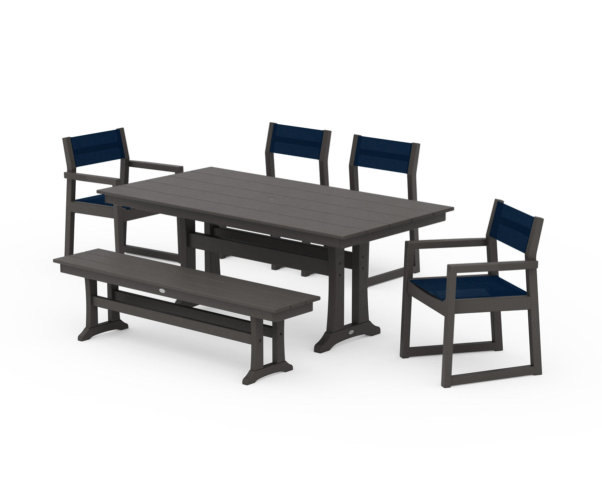POLYWOOD EDGE Sling 6-Piece Farmhouse Dining Set With Trestle Legs in Vintage Coffee / Navy Blue
