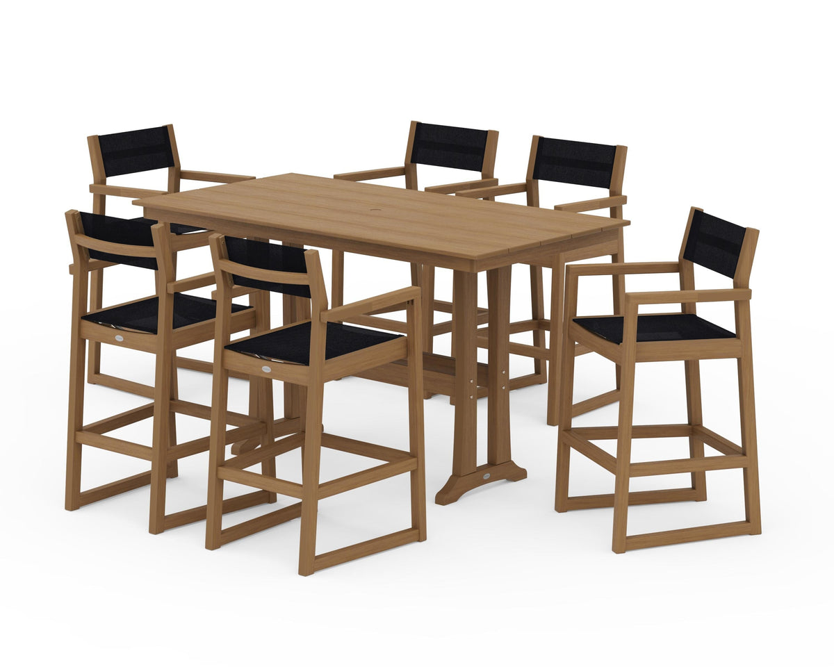 POLYWOOD EDGE Sling Arm Chair 7-Piece Farmhouse Bar Set with Trestle Legs in Natural / Black
