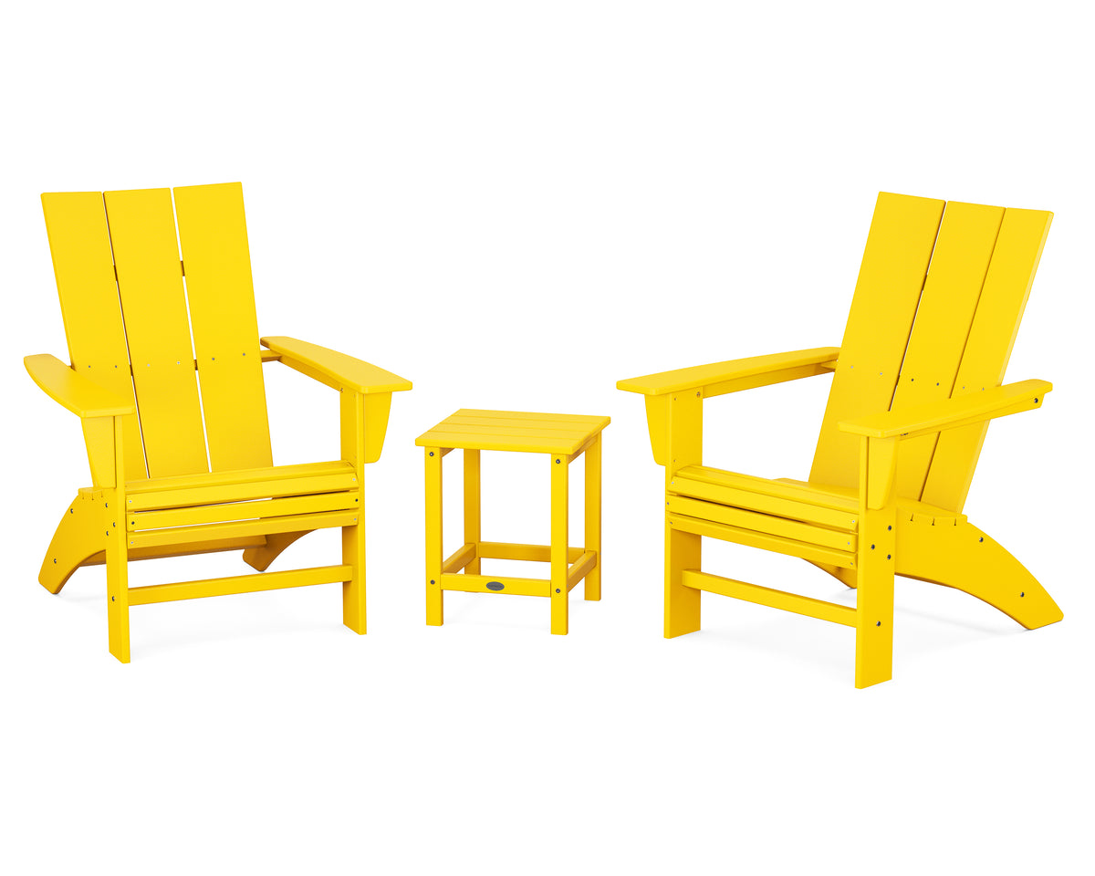 POLYWOOD Modern 3-Piece Curveback Adirondack Set With Long Island 18" Side Table in Lemon