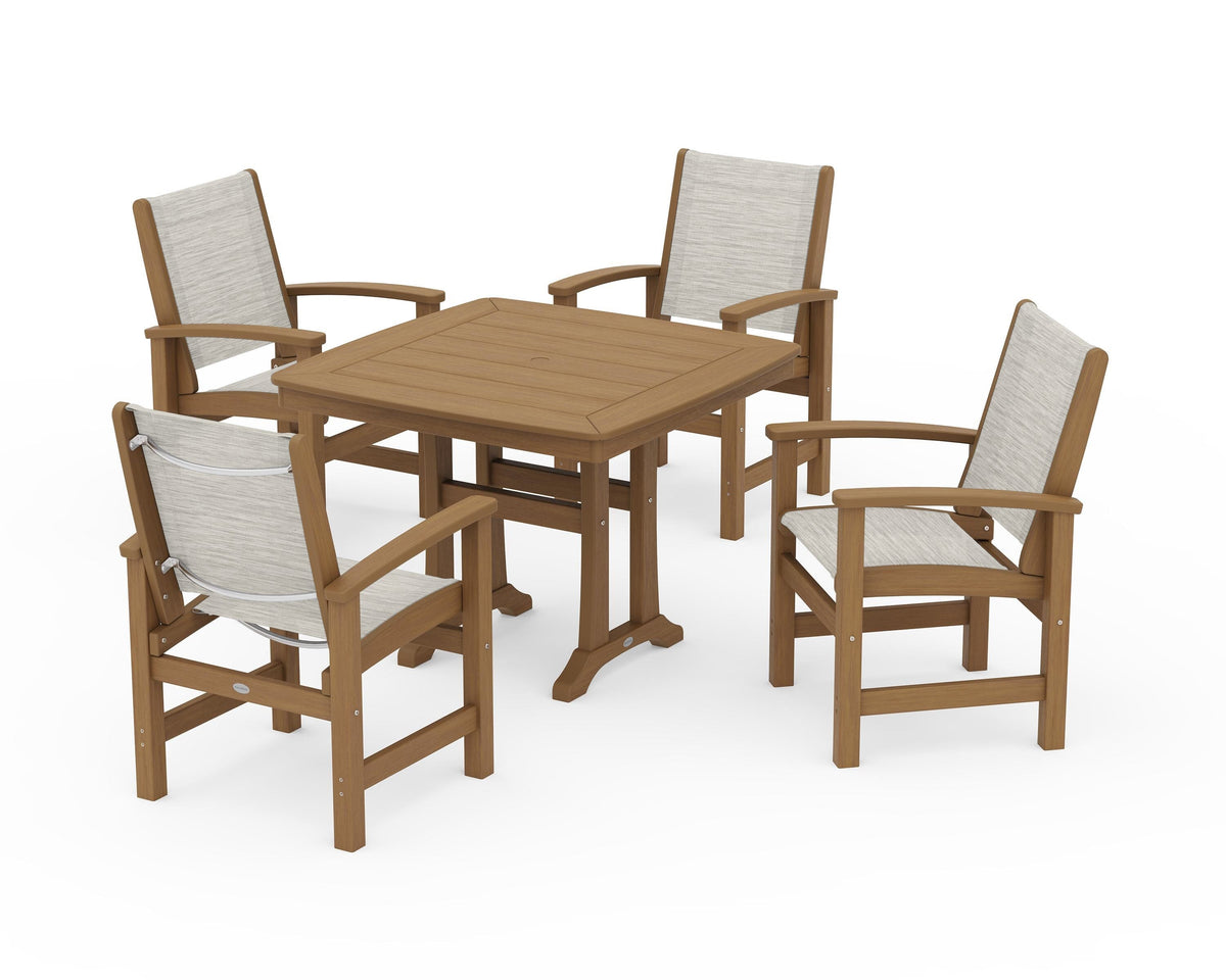 POLYWOOD Coastal 5-Piece Dining Set with Trestle Legs with Nautical Trestle 37" Dining Table in Natural / Birch