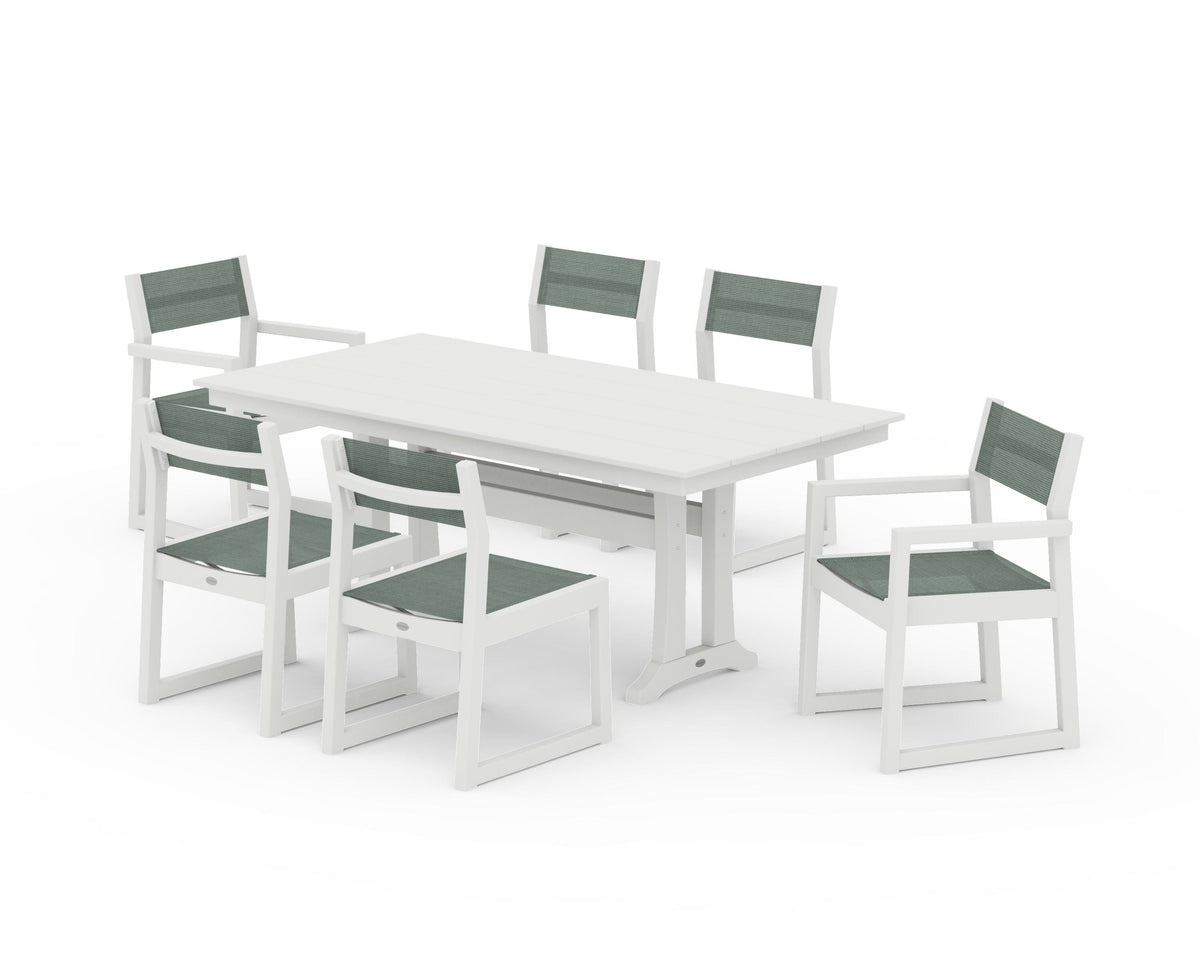 POLYWOOD EDGE Sling 7-Piece Farmhouse Trestle Dining Set in Vintage White / Dupioni Sea Mist
