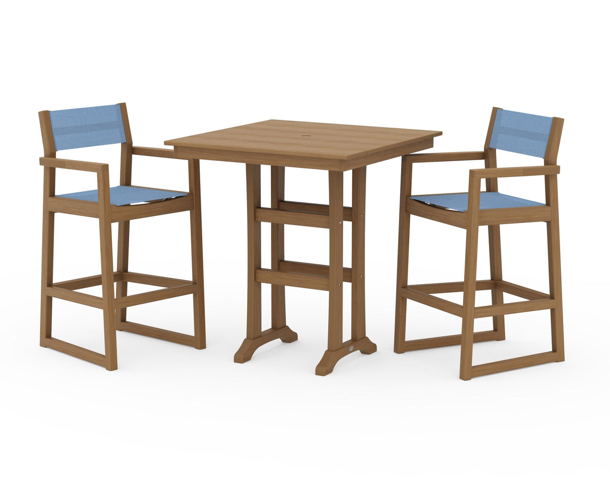 POLYWOOD EDGE Sling Arm Chair 3-Piece Farmhouse Bar Set with Trestle Legs in Natural / Poolside