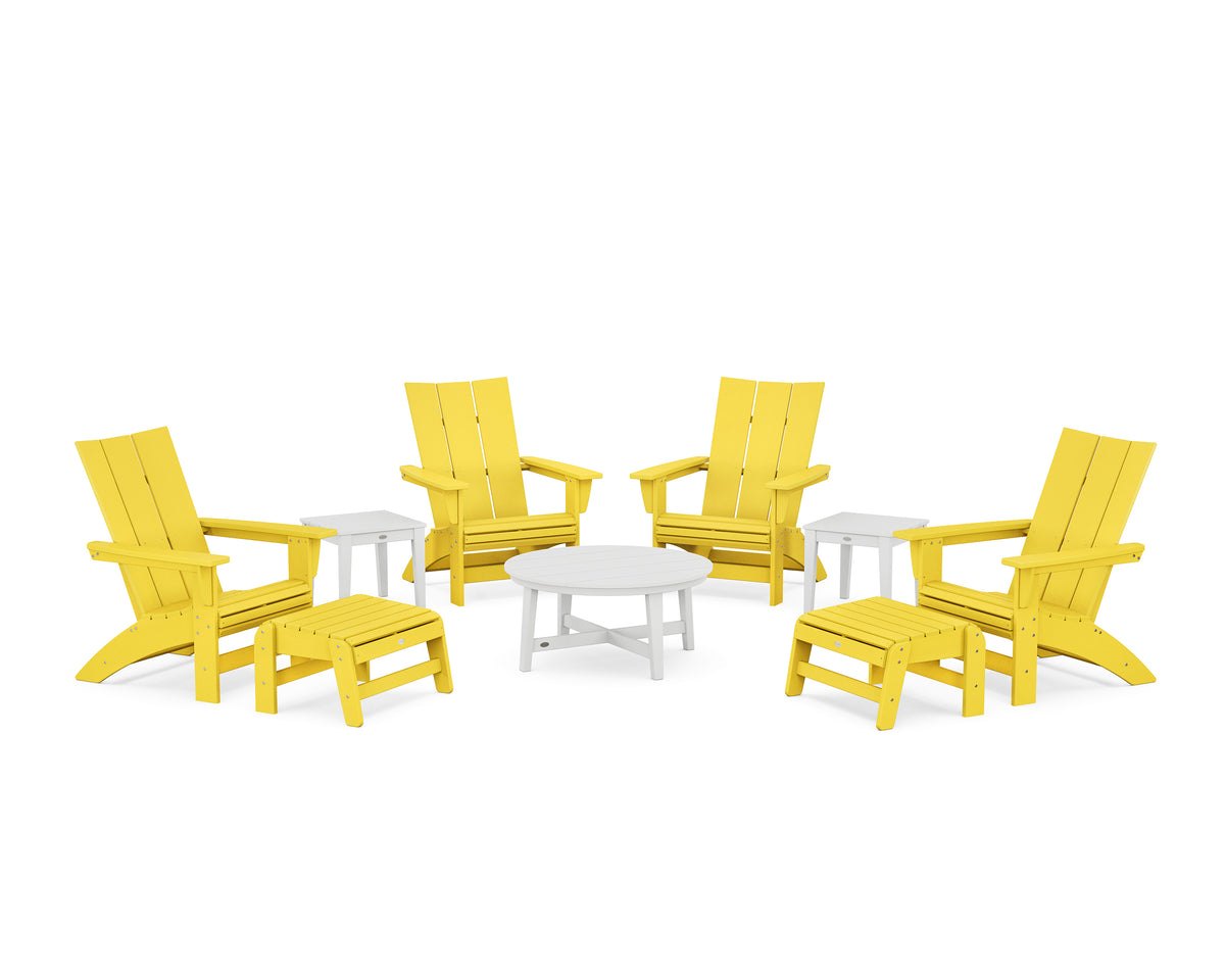 POLYWOOD Modern Grand Adirondack 9-Piece Conversation Set in Lemon / White
