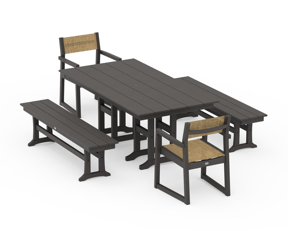 POLYWOOD EDGE Sling Arm Chair 5-Piece Farmhouse Dining Set with Benches in Vintage Coffee / Burlap