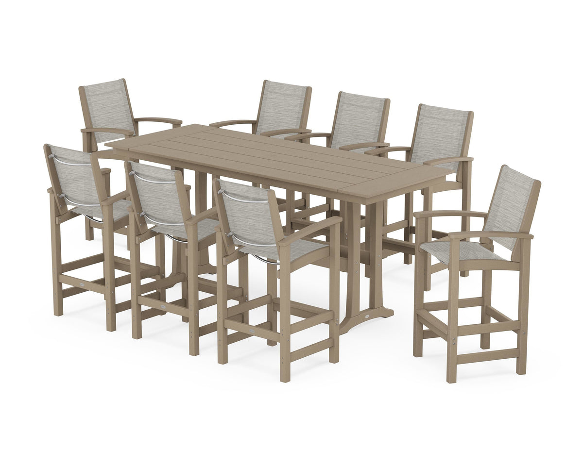 POLYWOOD Coastal 9-Piece Farmhouse Bar Set with Trestle Legs in Vintage Sahara / Birch