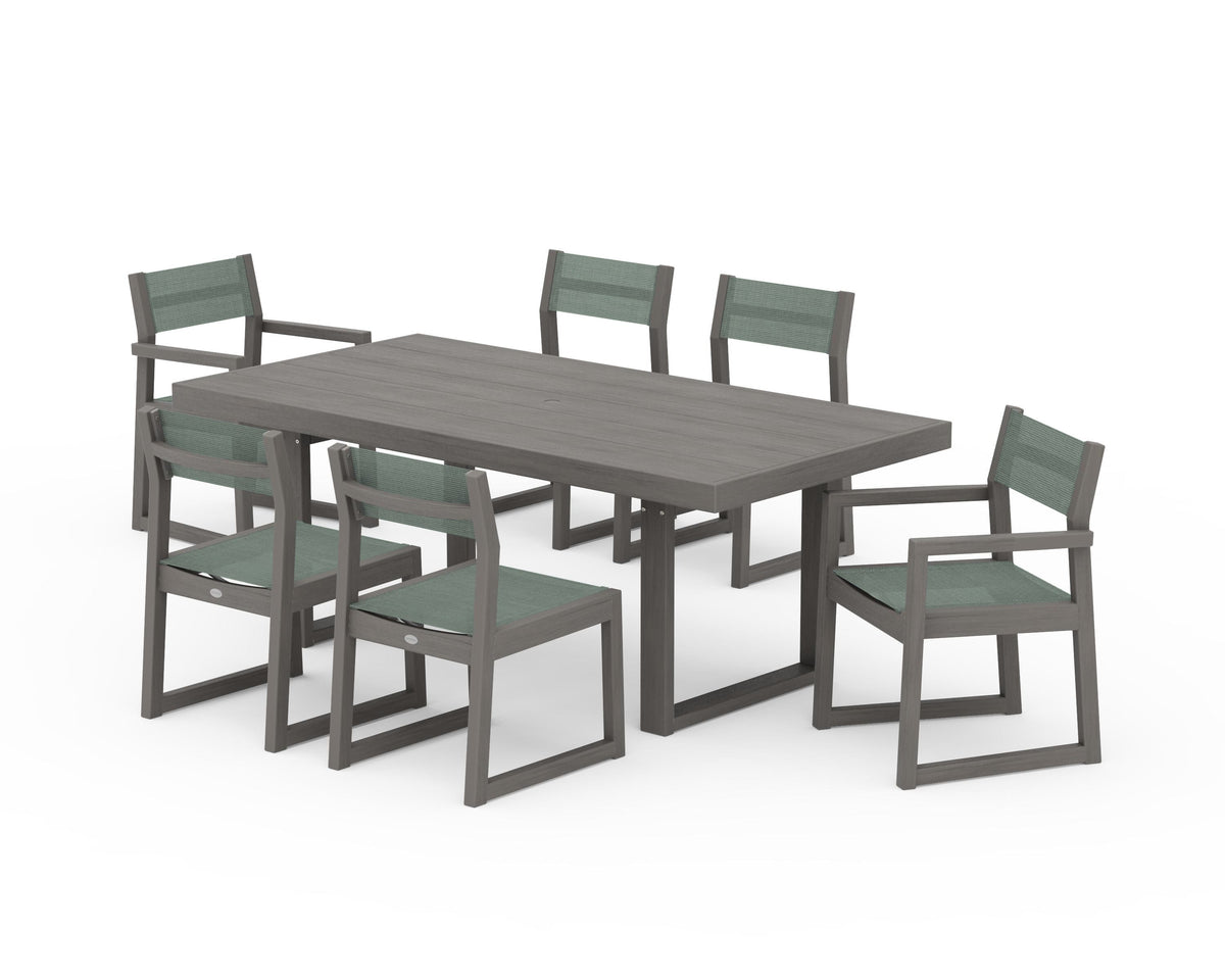 POLYWOOD EDGE Sling 7-Piece Dining Set in Driftwood / Dupioni Sea Mist