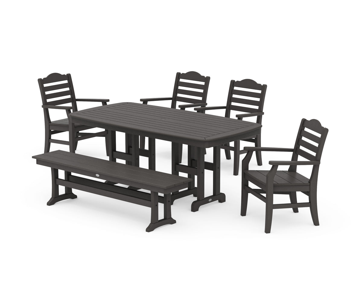 POLYWOOD Savannah 6-Piece Farmhouse Dining Set with Bench with Nautical 37" x 72" Dining Table in Vintage Coffee