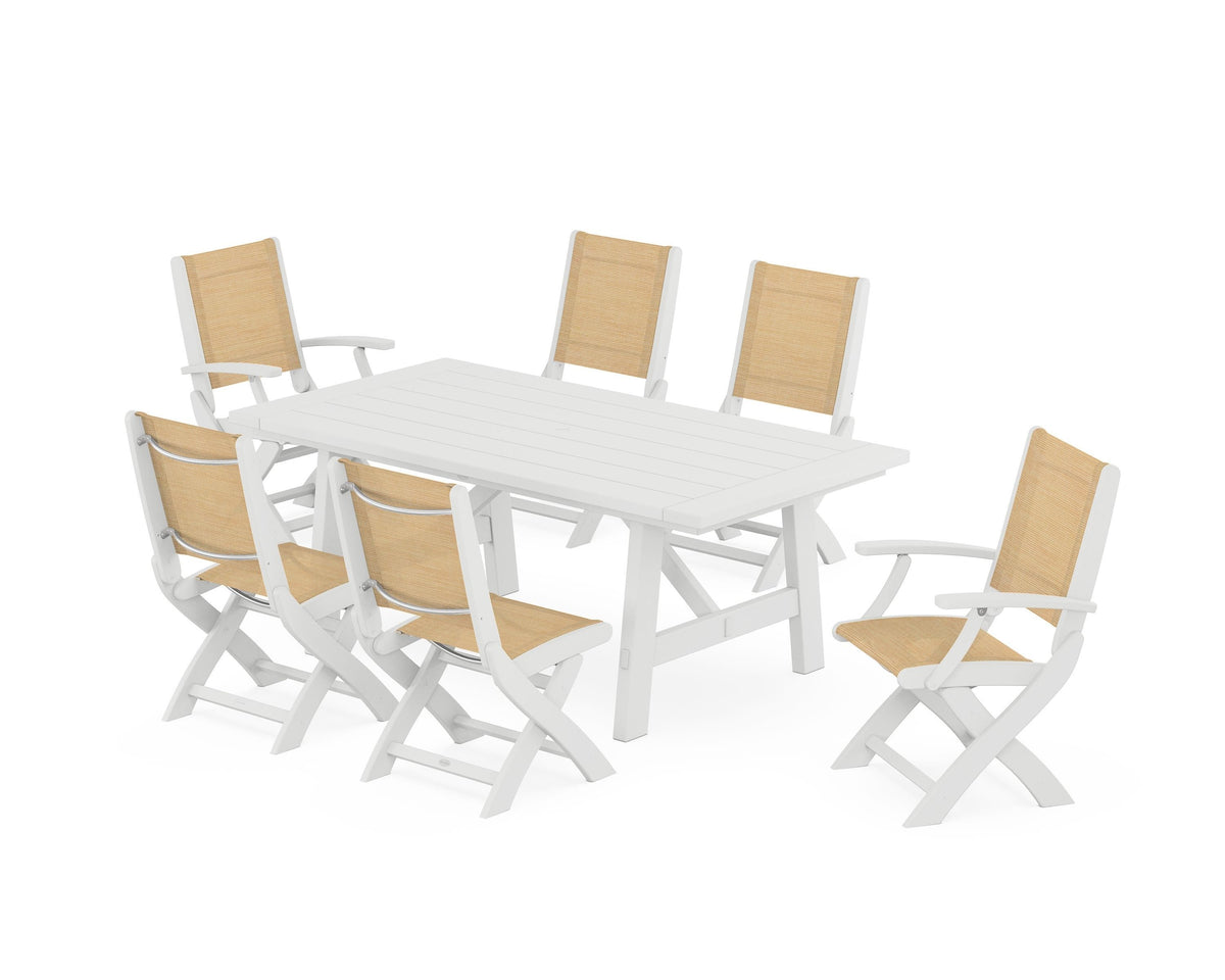 POLYWOOD Coastal Folding Chair 7-Piece Rustic Farmhouse Dining Set in White / Dupioni Apricot