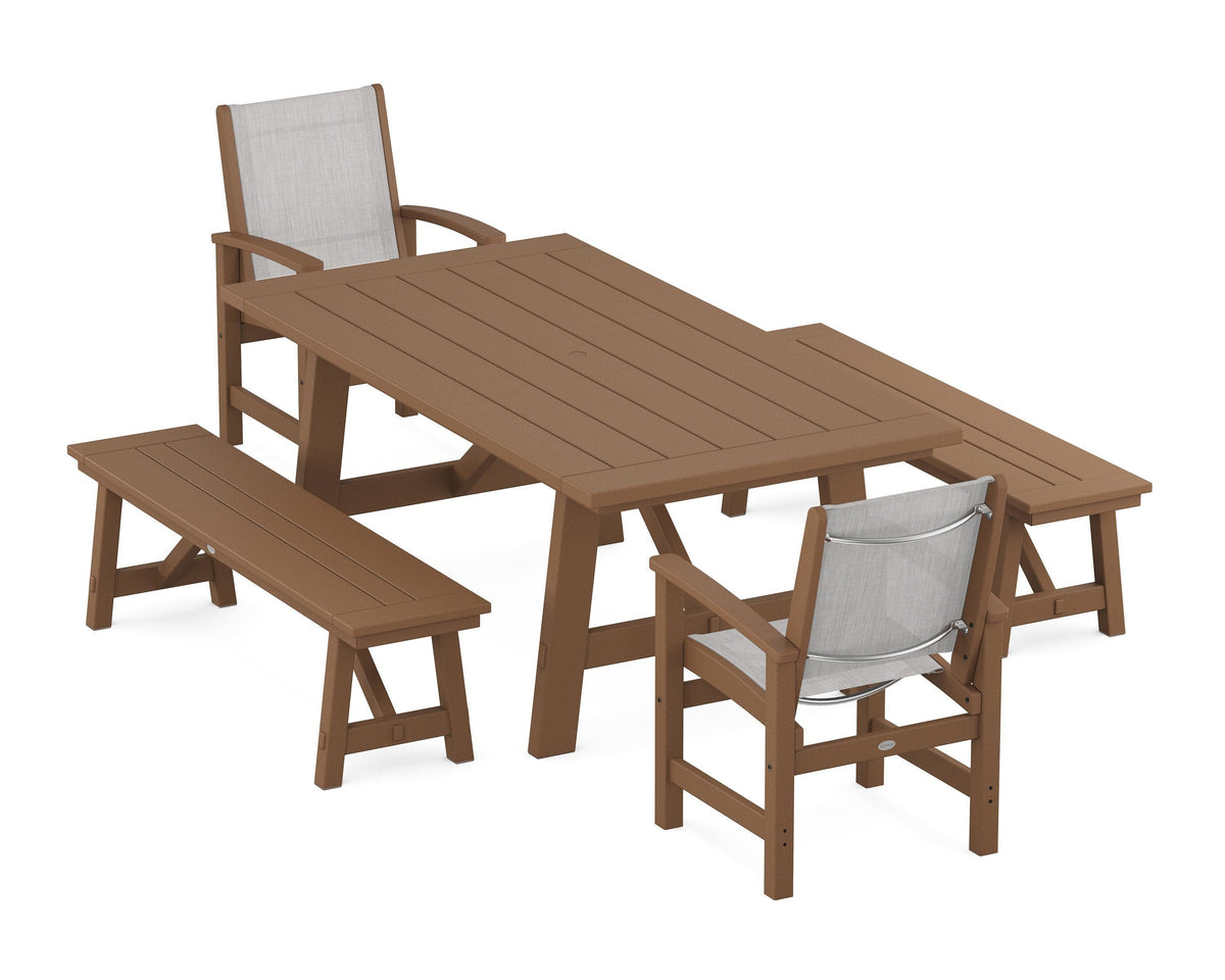 POLYWOOD Coastal 5-Piece Rustic Farmhouse Dining Set With Benches in Teak / Parchment