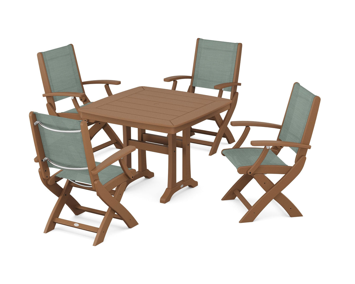POLYWOOD Coastal Folding Chair 5-Piece Dining Set with Trestle Legs in Teak / Dupioni Sea Mist