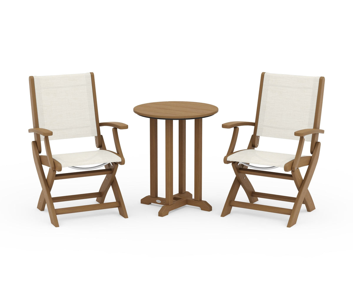 POLYWOOD Coastal Folding 3-Piece Round Bistro Dining Set in Natural / Parchment