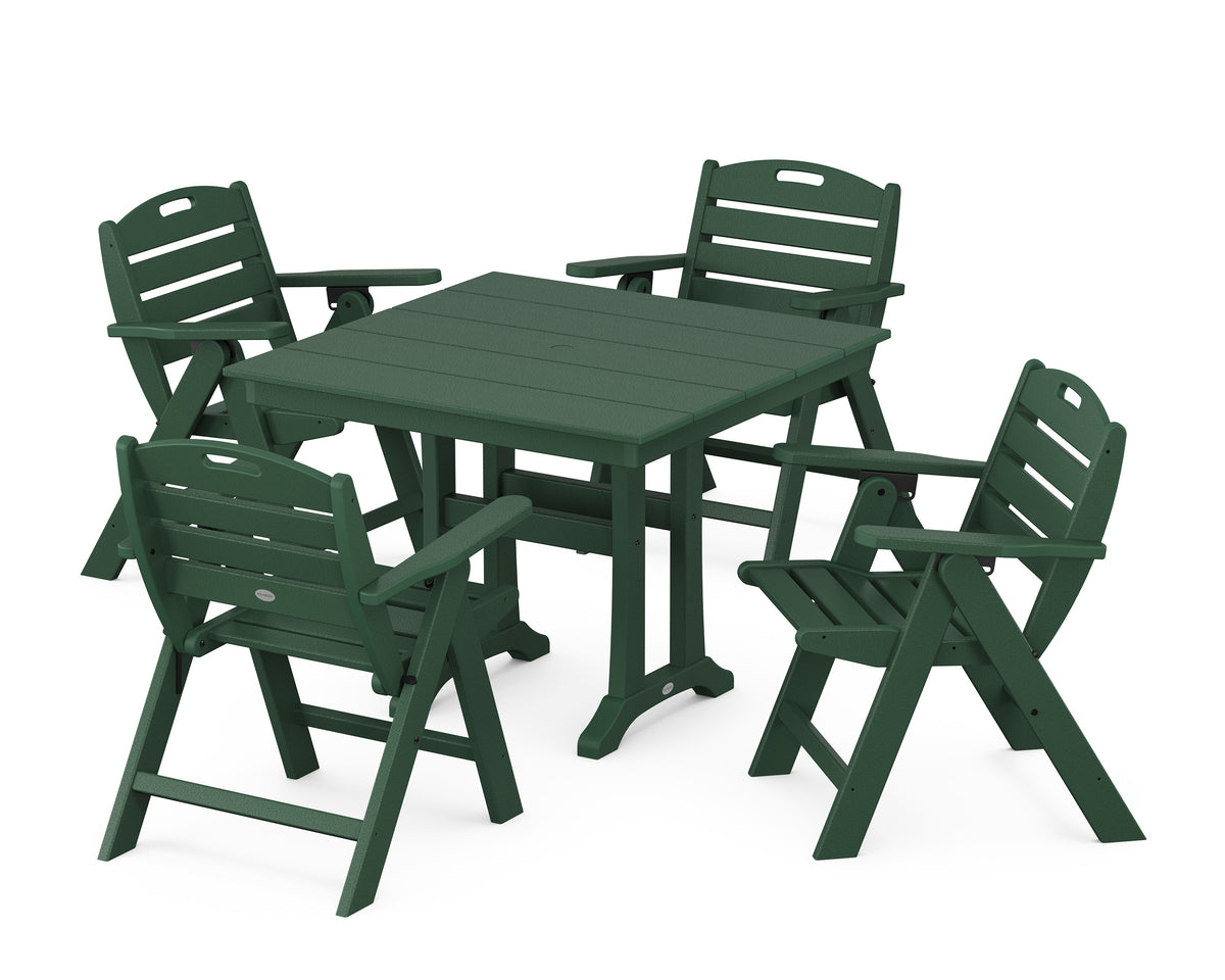 POLYWOOD Nautical Folding Lowback Chair 5-Piece Farmhouse Dining Set with Trestle Legs - 37" Table in Green