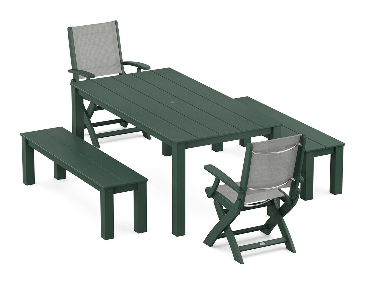 POLYWOOD Coastal Folding Chair 5-Piece Parsons Dining Set with Benches in Green / Metallic
