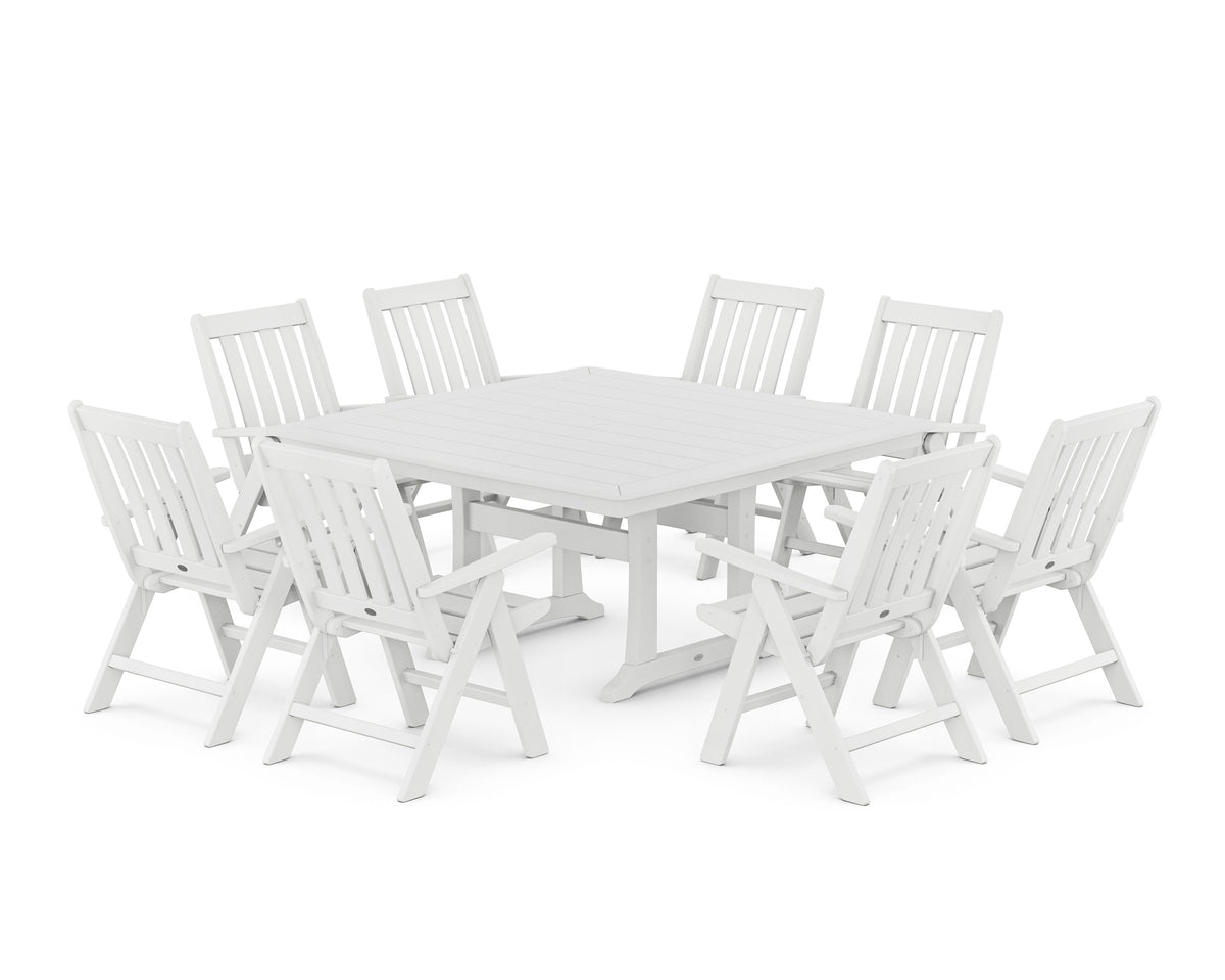 POLYWOOD Vineyard Folding Chair 9-Piece Square Dining Set with Trestle Legs in White