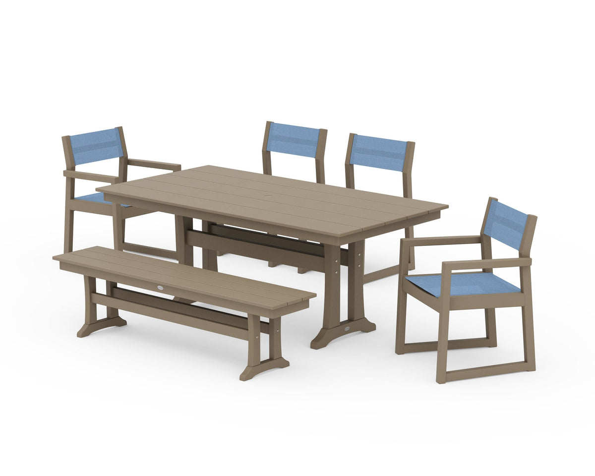 POLYWOOD EDGE Sling 6-Piece Farmhouse Dining Set With Trestle Legs in Vintage Sahara / Poolside