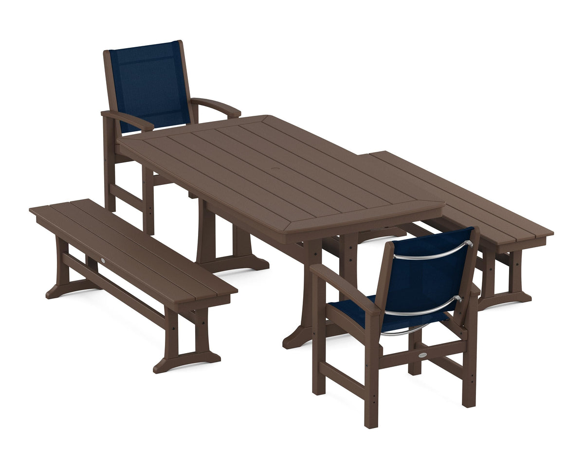 POLYWOOD Coastal 5-Piece Dining Set with Trestle Legs and Benches in Mahogany / Navy Blue