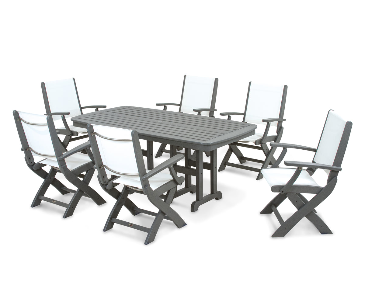 POLYWOOD Coastal Folding Arm Chair 7-Piece Dining Set in Slate Grey / White