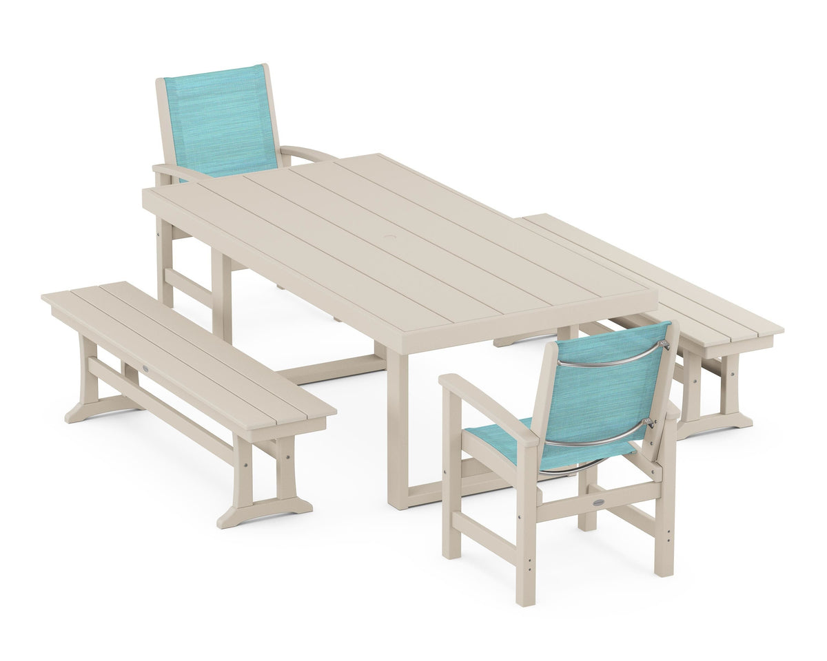 POLYWOOD Coastal 5-Piece Dining Set with Trestle Legs with EDGE 40" x 78" Dining Table in Sand / Dupioni Aquamarine