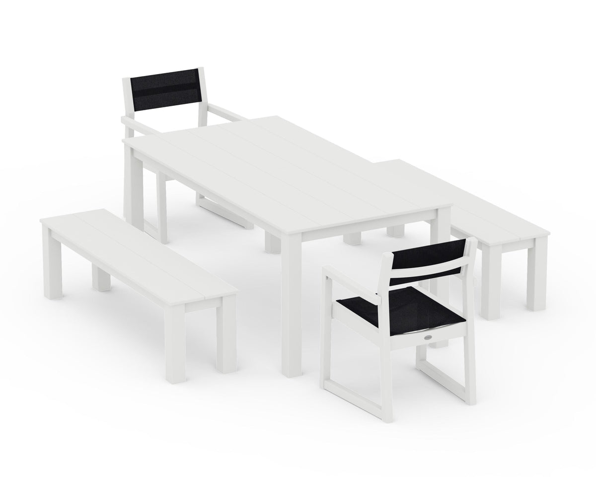 POLYWOOD EDGE Sling Arm Chair 5-Piece Parsons Dining Set with Benches in Vintage White / Black