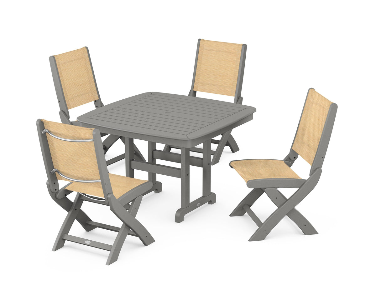 POLYWOOD Coastal Folding Side Chair 5-Piece Dining Set with Nautical 44" Dining Table in Slate Grey / Dupioni Apricot