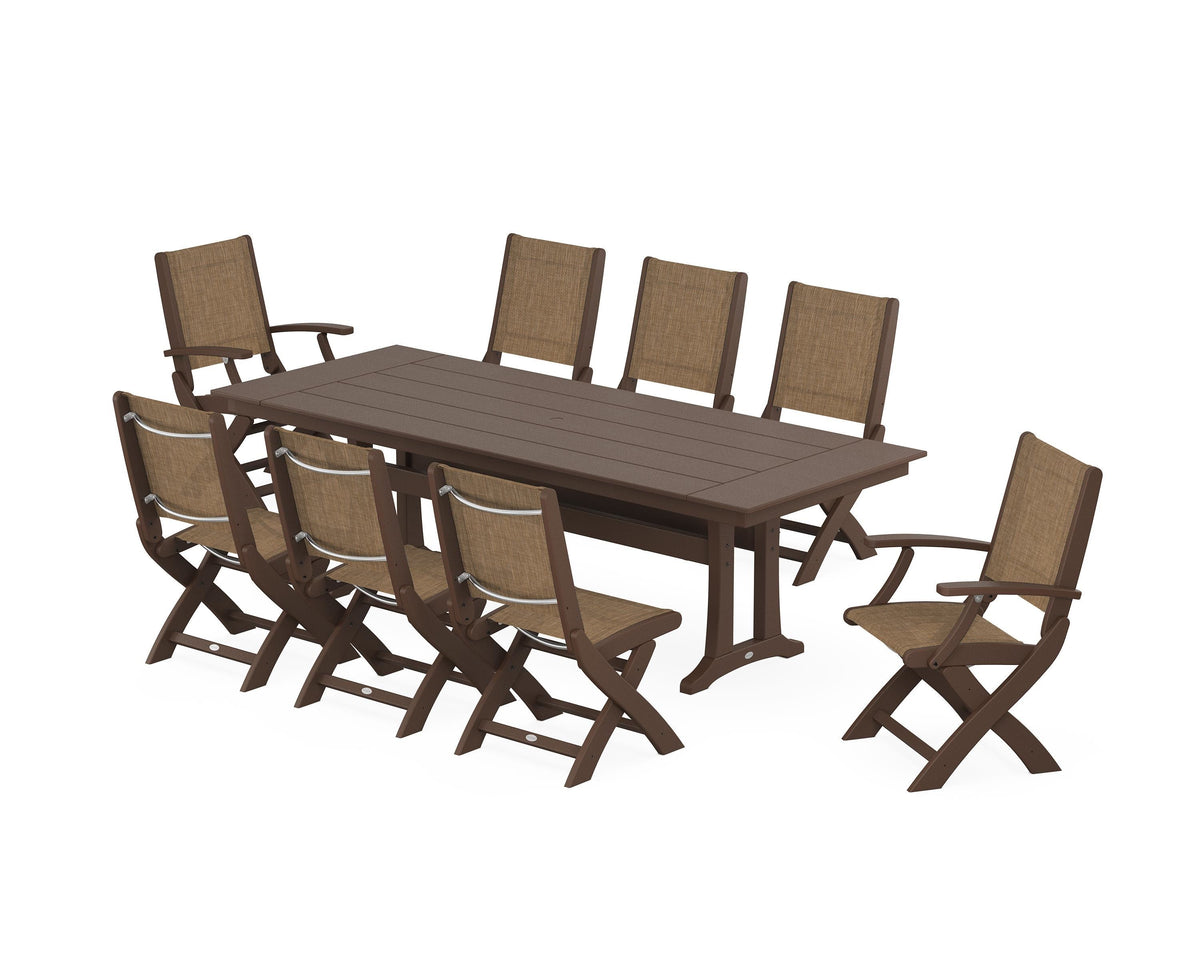 POLYWOOD Coastal 9-Piece Folding Dining Chair Farmhouse Dining Set with Trestle Legs in Mahogany / Burlap