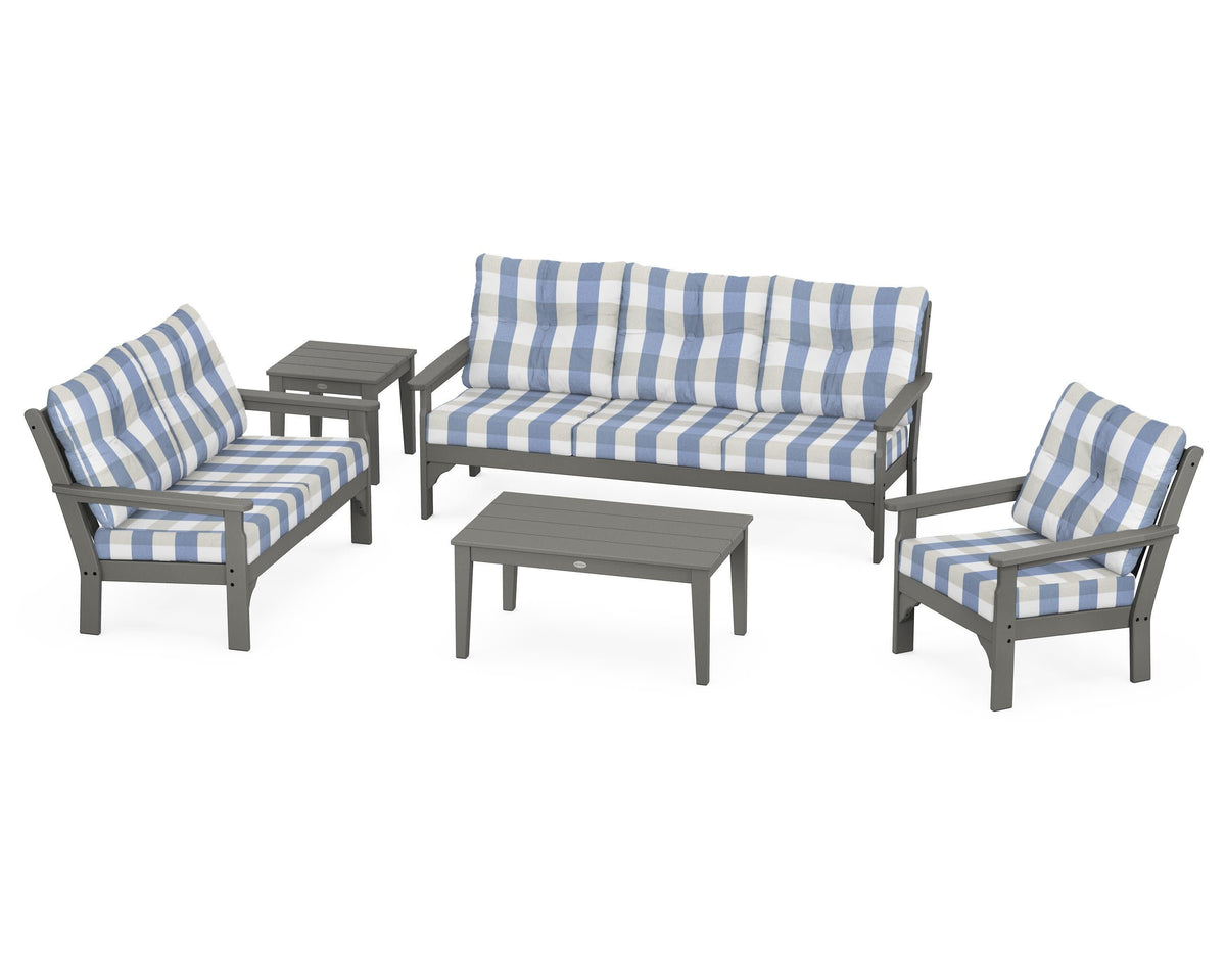 POLYWOOD Vineyard 5-Piece Deep Seating Set with Sofa in Slate Grey / Buffalo Plaid Sky Blue