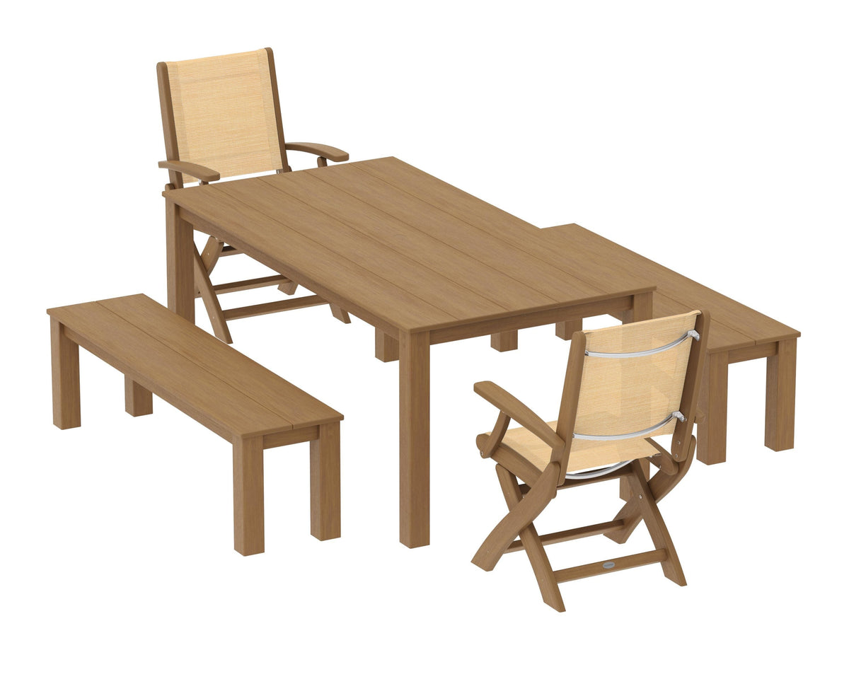 POLYWOOD Coastal Folding Chair 5-Piece Parsons Dining Set with Benches in Natural / Dupioni Apricot
