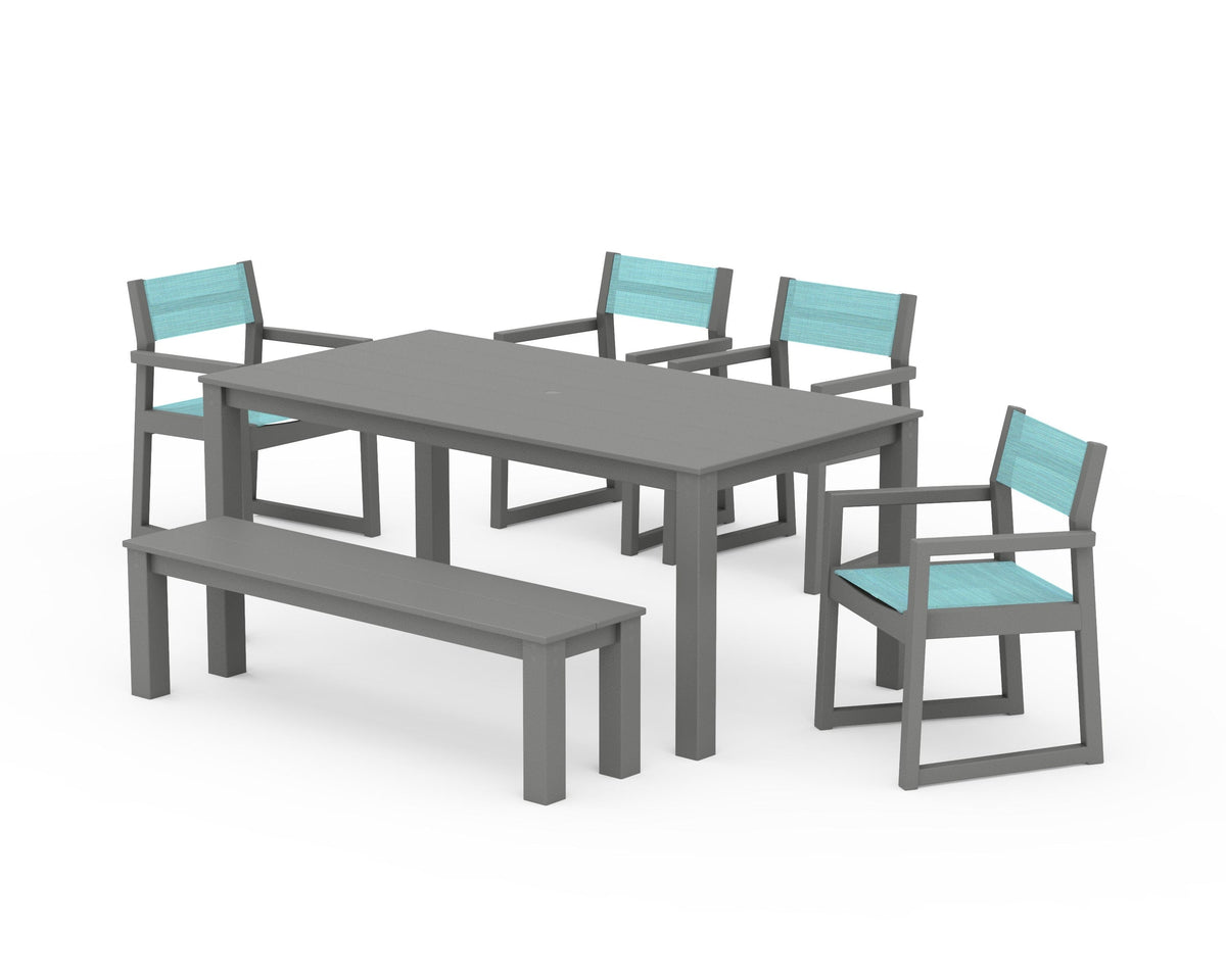 POLYWOOD EDGE Sling Arm Chair 6-Piece Parsons Dining Set with Bench in Slate Grey / Dupioni Aquamarine