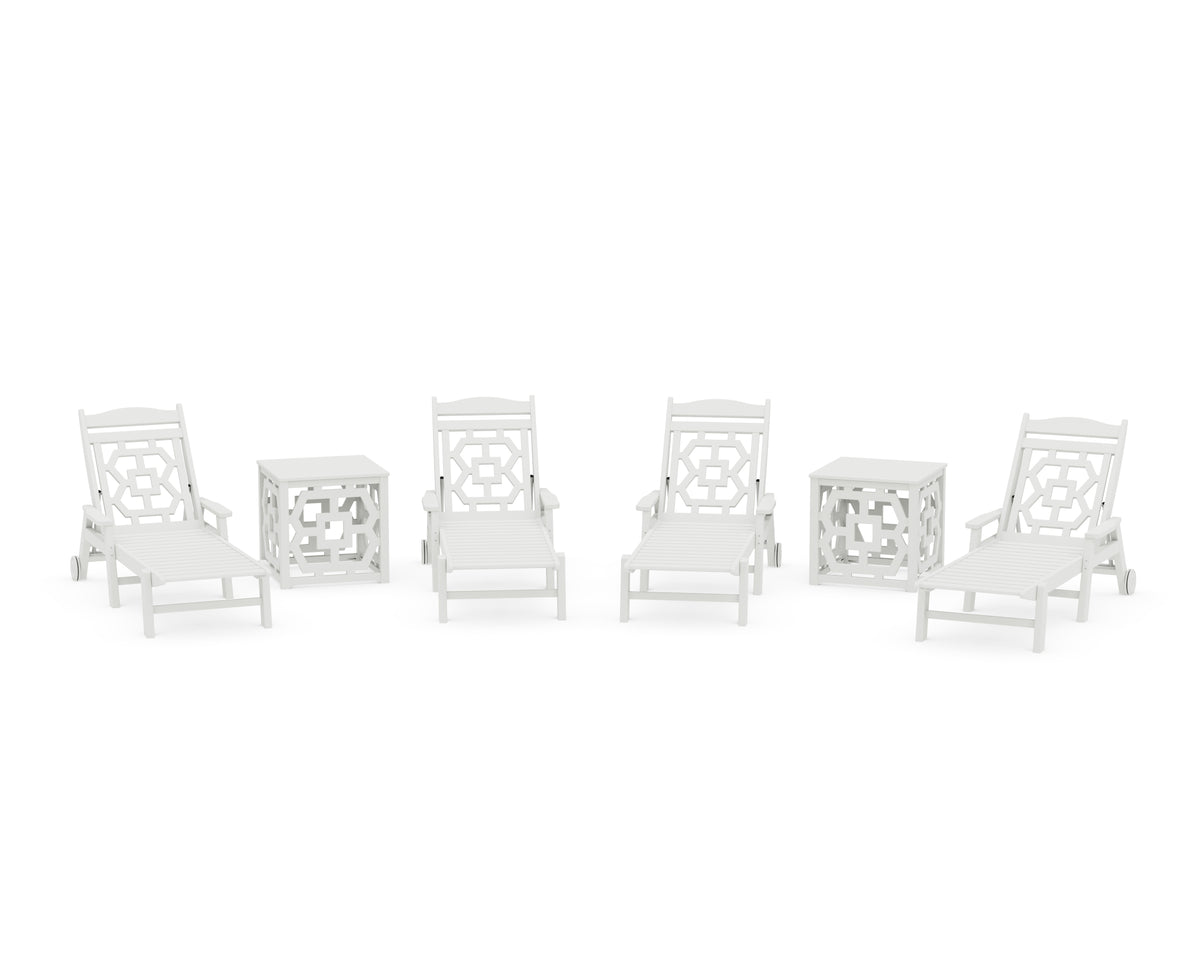 POLYWOOD Chinoiserie 6-Piece Chaise Set with Umbrella Stand Accent Table in Vintage White