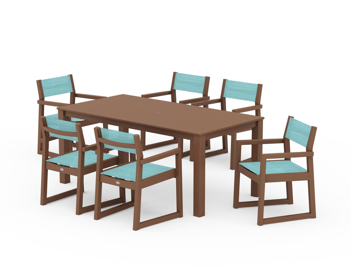POLYWOOD EDGE Sling Arm Chair 7-Piece Parsons Dining Set in Teak / Dupioni Aquamarine