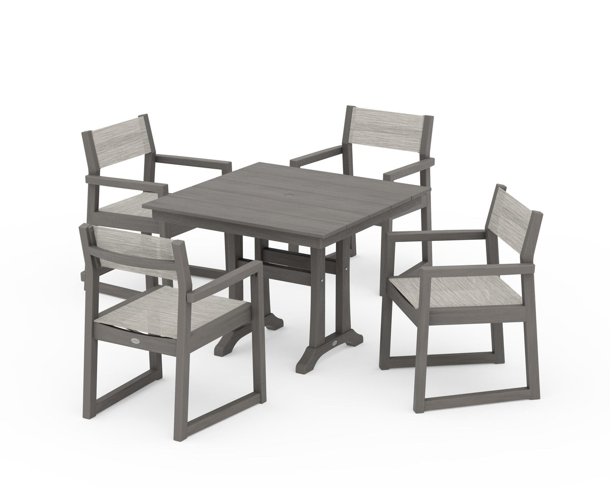 POLYWOOD EDGE Sling 5-Piece Farmhouse Dining Set with Trestle Legs in Driftwood / Birch